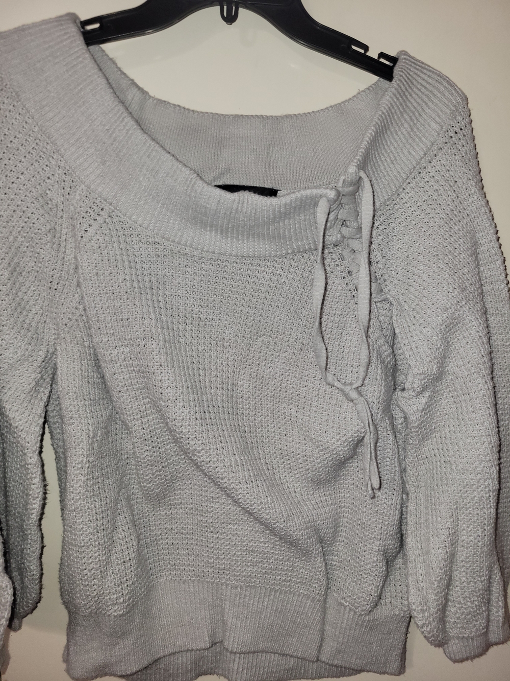 Express Light Gray Off-the-Shoulder Lace-Up Sweater